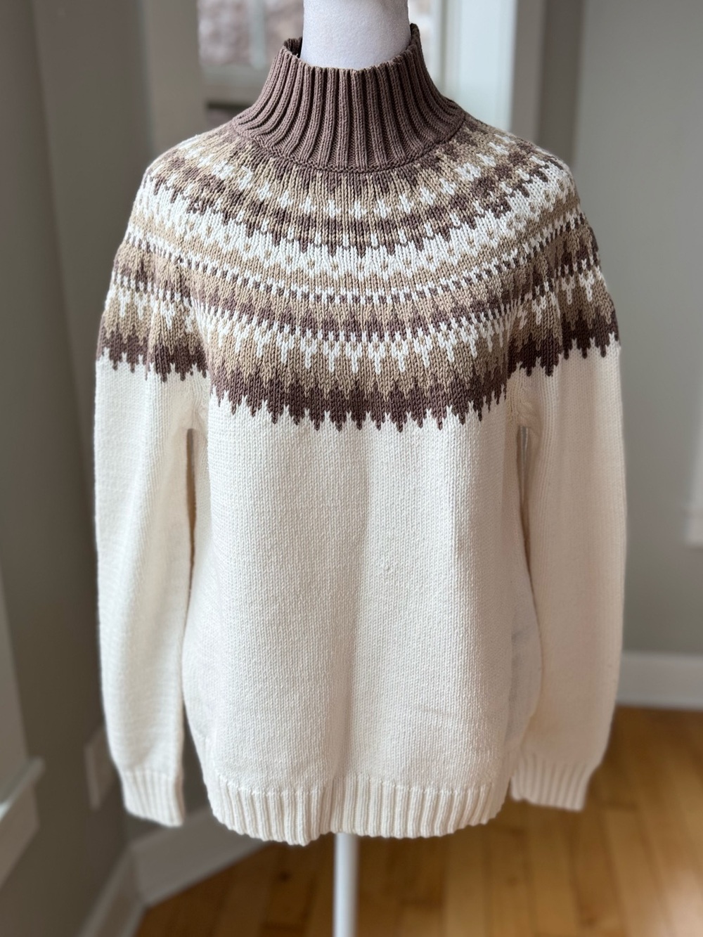 Vintage Croft & Barrow Brown White Fair Isle Mockneck Cotton Sweater Medium